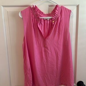Pink sleeveless blouse w ruffle neck and gold buttons